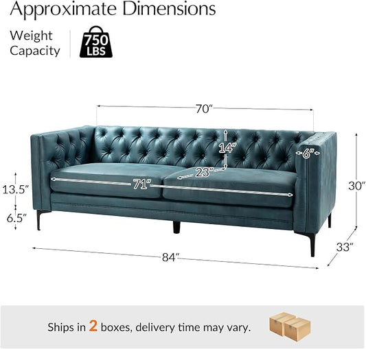 HULALA HOME 84" W Faux Leather Sofa, Mid Century Modern Couch with Metal Legs and Button Tufted, 3 Seater Contemporary Upholstered Couches for Living Room, Entertainment Area, Apartment, Blue