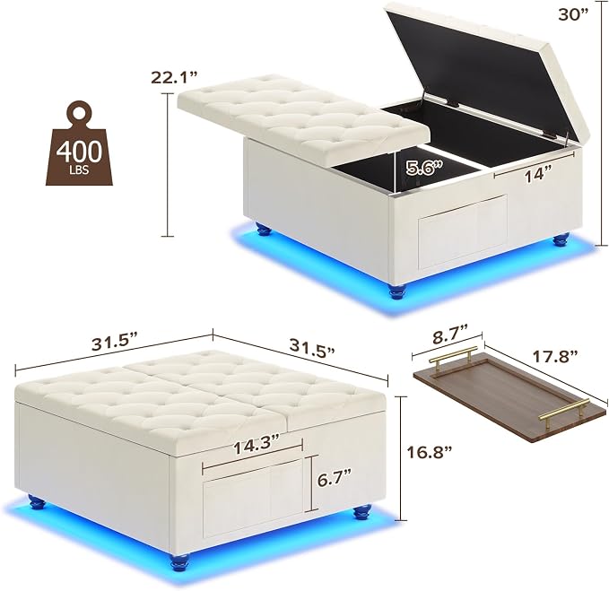 Dnxao Large Ottoman with Storage,Lift Top Coffee Table 31.5" Square Upholstered Tufted Footrest with LED Lights, Charging Station,2 Side Pockets and Removable Tray for Living Room, Beige