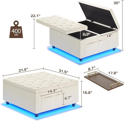 Dnxao Large Ottoman with Storage,Lift Top Coffee Table 31.5" Square Upholstered Tufted Footrest with LED Lights, Charging Station,2 Side Pockets and Removable Tray for Living Room, Beige