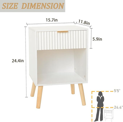 Fultyle White Nightstand, Modern Bedside Table with Drawer and Open Storage, Fluted End Side Table Living Room with Solid Wood Legs for Bedroom (White)