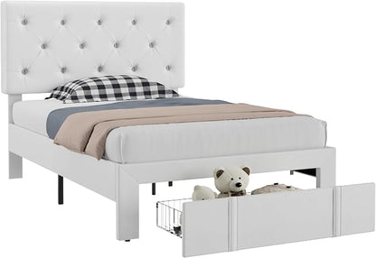 VECELO Twin Size Bed Frame with Storage Drawers, Leather Upholstered with Diamond Tufted Headboard, Solid Wood Slat Support, No Box Spring Needed, PU & White
