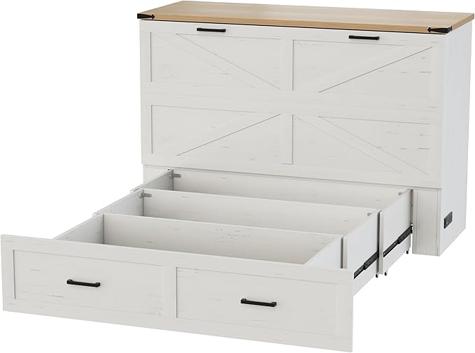 Bellemave Queen Size Murphy Bed, Cabinet Bed with Charging Station and Storage, Farmhouse Murphy Cabinet with Foldable Panel, Noisy Free, for Guest Bedroom, Living Room, Office, White