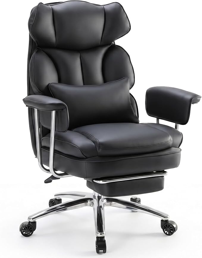 DUMOS Home Office Desk Executive Chair - Ergonomic Big Tall High Back with Footrest & Lumbar Support, Reclining Height Adjustable, Comfy PU Leather Computer Gaming with Swivel Wheels, Black