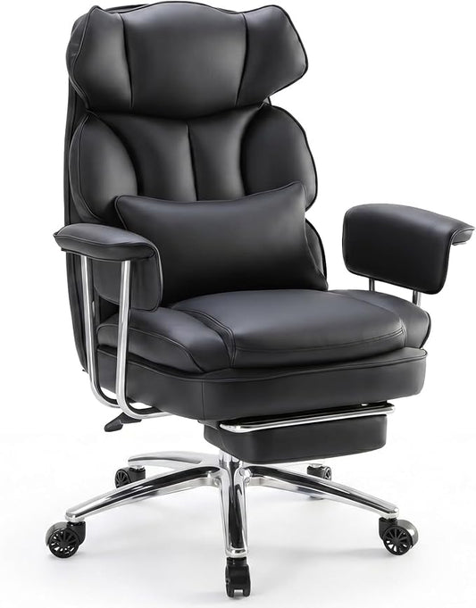 Sweetcrispy Home Office Desk Chair, Executive Ergonomic Big Tall High Back with Footrest & Lumbar Support, Reclining Height Adjustable, Comfy PU Leather Computer Gaming with Swivel Wheels, Black