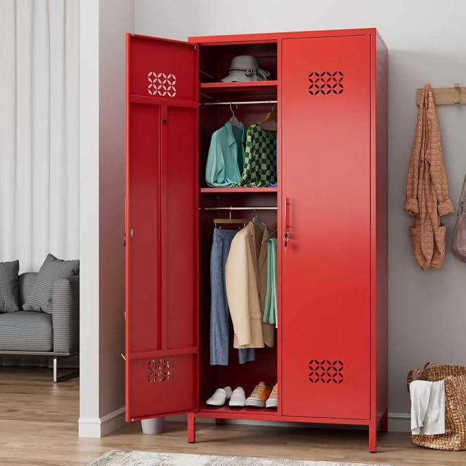SUPEER 2 Door Red Metal Storage Locker Wardrobe Cabinet | 71 in metal wardrobe cabinet with lock, adjustable shelves, and hanging rods for home, office, garage, gym, or staff storage.