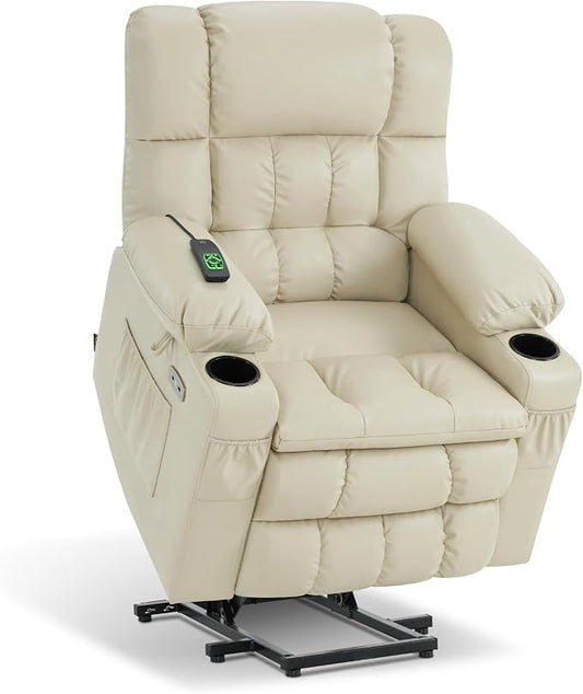 MCombo Small Dual Motor Power Lift Recliner Chair for Petite Elderly, Zero Gravity Lift Chair with Heat and Massage, Infinite Position, USB Ports,Faux Leather 7893 (Cream White, Small)