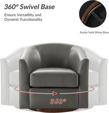 HULALA HOME Genuine Leather Swivel Barrel Chair, Round Swivel Accent Chair with Solid Wood Base, No Assembly Required, Grey