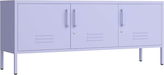 3 Door Lockable Metal TV Stand Storage Cabinet with Accent Cabinet Locker, Wide Heavy Duty Media Console for Large 100+ Inch TVs, Home Office Entertainment Center, Purple 22"H X 47.3"W X 13.8"D