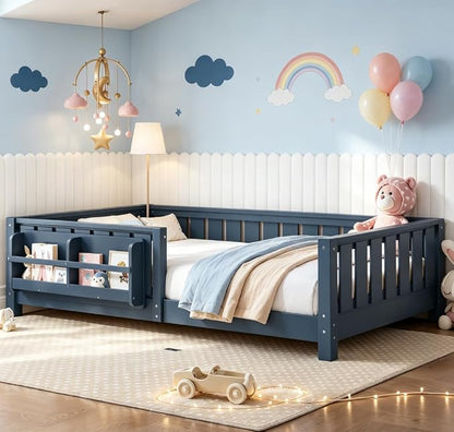 Bellemave Twin Size Floor Bed with high Rails and with Built-in Bookshelf for Kids, Girls, Boys, Wood Montessori Floor Bed Without Door, Blue