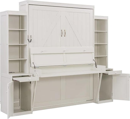 Merax Queen Size Murphy Bed with Desk and Lights, Power Outlet, Foldable Murphy Cabinet Bed with Open Storage Shelves & Drawers, Wood Space-Saving Hidden Wall Bed for Guest Room Office, Antique White