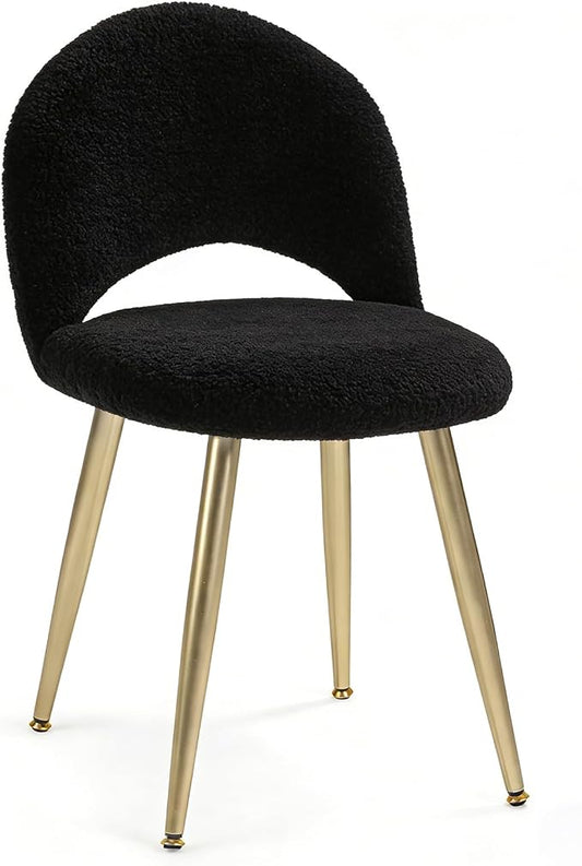 Vanity Chair with Adjustable Backrest, Boucle Upholstery Armless Makeup Stool, Black Sherpa Vanity Stool with Gold Metal Legs for Bedroom Living Room Kitchen Dinning Room (Gold and Black)