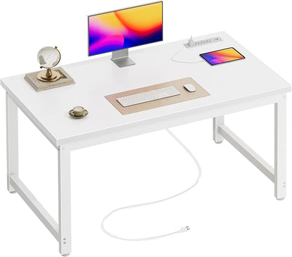 Huuger 48 x 24 inch Desk with Power Outlets & USB-C, Deeper & Thicker Desktop, Robust Metal Tubes, Computer Desk, Heavy Duty Office Desk, Work Gaming Desk for Home Office, White