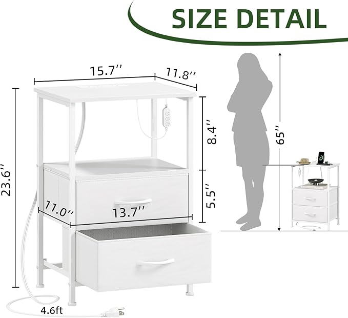 Somdot Nightstands Set of 2,End Tables with Charging Station and LED Lights,Night Stand with 2 Fabric Drawers, End Table with Open Shelf, Small Nightstand for Bedroom, White Leather