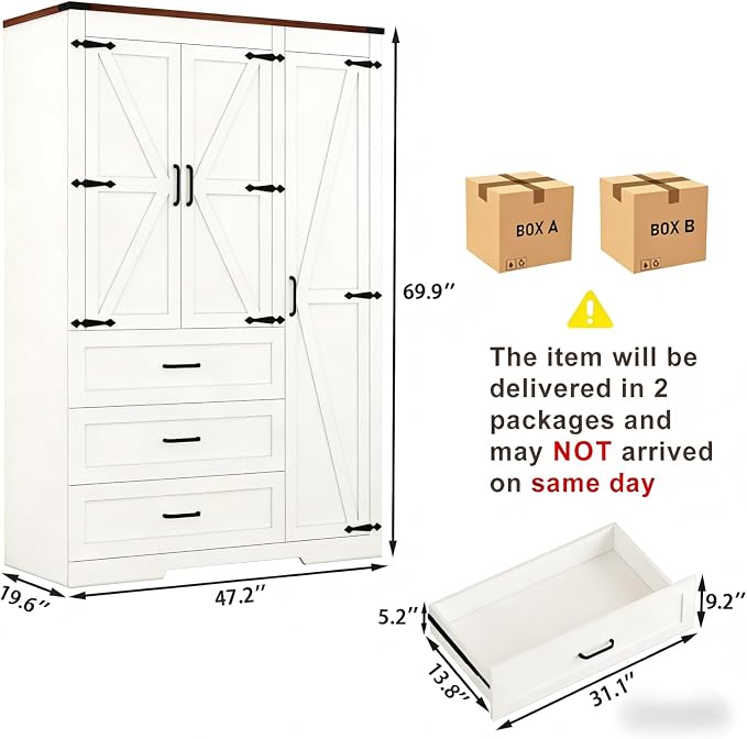 Farmhouse Wooden Armoire Storage Cabinet with Adjustable Shelves & Hanging Rod, 3 Doors Wardrobe Armoire Closet with Drawers, 70" Freestanding Clothing Storage Cabinet for Bedroom (3 door, White-1)