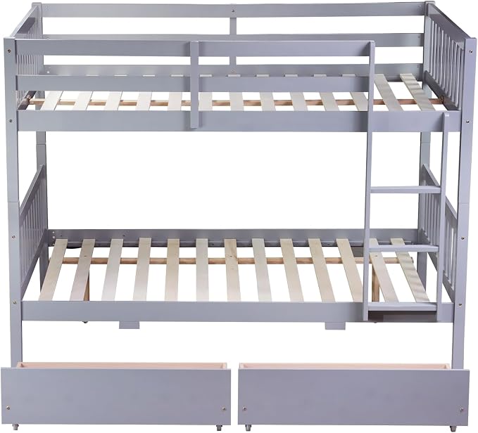 Harper & Bright Designs Full Over Full Bunk Bed with 2 Drawers, Convertible into 2 Beds, Bunk Bed with Ladder and Safety Guardrails, Gray