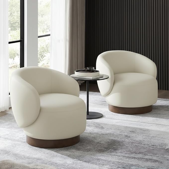KISLOT Swivel Accent Chair Modern Round Barrel Armchair with Upholstered Faux Leather for Living Room Bedroom Waitingroom,2 Box,Cream