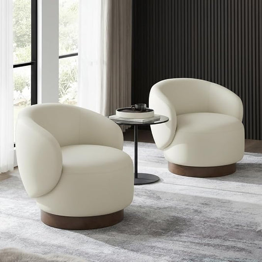 KISLOT Swivel Accent Chair Modern Round Barrel Armchair with Upholstered Faux Leather for Living Room Bedroom Waitingroom,2 Box,Cream