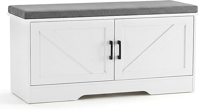 39" Shoe Bench, with Storage with Padded Seat Cushion, Modern 4-Door Shoe Cabinet with Adjustable Shelf for Entryway, Bedroom, Living Room, White
