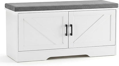 DUMOS Storage Bench, Shoe Organizer Cabinet with Thickened Padded Seat Cushion, Entryway Bench with 2 Doors & Adjustable Shelf for Hallway, Bedroom, Living Room, 39 inch, White