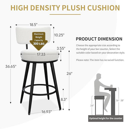 Bar Stools Set of 2, 26 Inches Modern Counter Stools with Metal Legs, Boucle Barstools with Backs, Bar Chairs for Kitchen Island, Upholstered Fabric White 2501