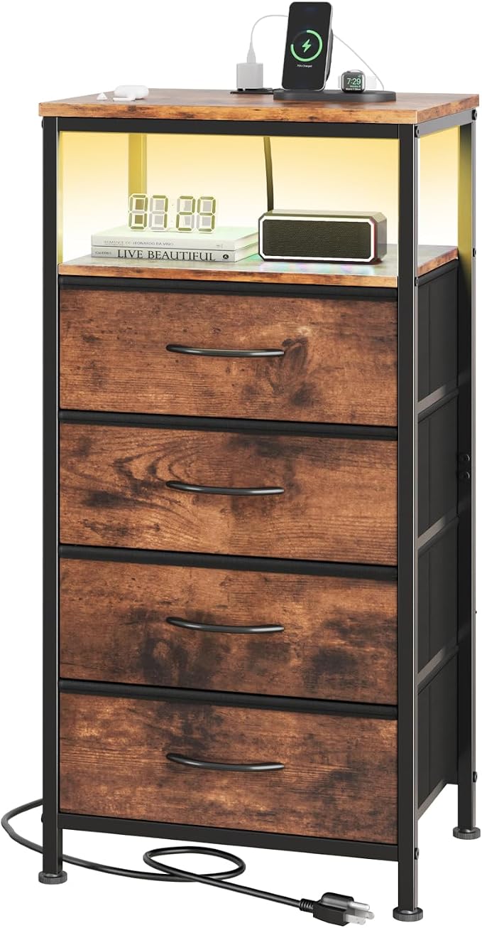 Sweetcrispy Nightstand with Charging Station, Bedside End Table with 4 Fabric Drawers, USB & Type-C Ports with AC Outlets, Adjustable Feet & Dimmable LED Light Strip, Modern Bedroom Furniture, Brown