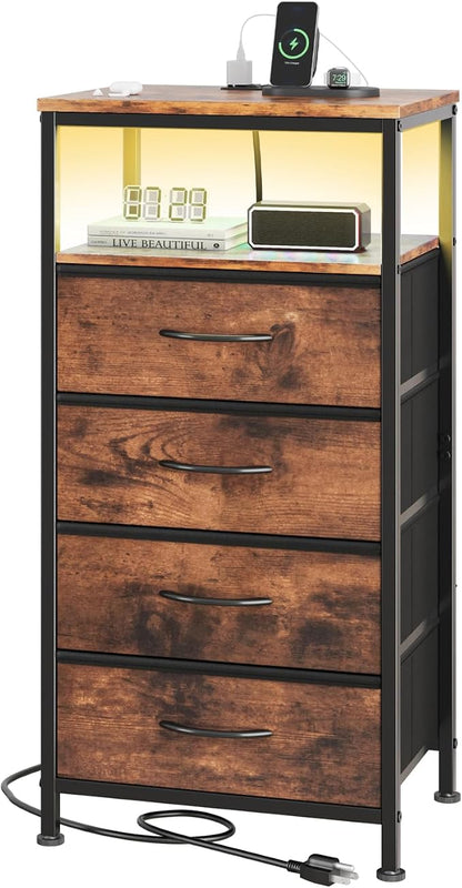 Sweetcrispy Nightstand with Charging Station, Bedside End Table with 4 Fabric Drawers, USB & Type-C Ports with AC Outlets, Adjustable Feet & Dimmable LED Light Strip, Modern Bedroom Furniture, Brown