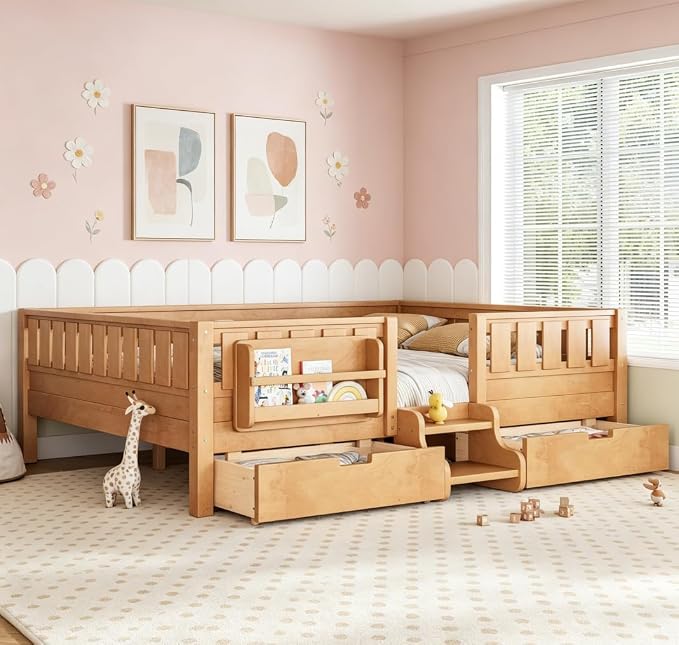 Bellemave Queen Size Kids Bed with high Rails and with Built-in Bookshelf and Drawers for Kids, Girls, Boys, Wood Montessori Bed Without Door, Light Natural