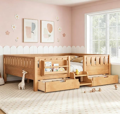 Bellemave Queen Size Kids Bed with high Rails and with Built-in Bookshelf and Drawers for Kids, Girls, Boys, Wood Montessori Bed Without Door, Light Natural