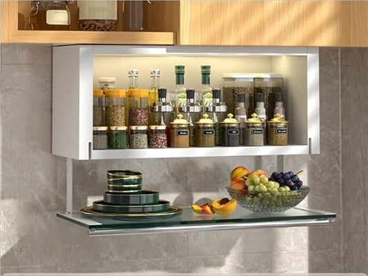 Modern Pull Down Cabinet Organizer Multifunctional Pantry Shelf with Transparent Glass Panel Space-Saving Kitchen Closet Storage,Ideal for Home