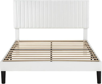Allewie Queen Bed Frame, Velvet Upholstered Platform Bed with Adjustable Vertical Channel Tufted Headboard, Mattress Foundation with Strong Wooden Slats, Box Spring Optional, Easy Assembly, Off-White