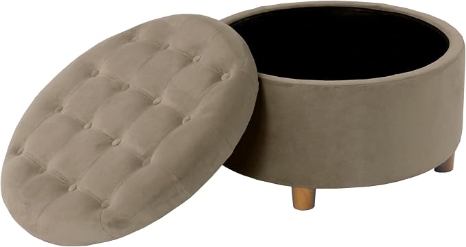 HomePop 28" Button Tufted Velvet Round Storage Ottoman - Fawn Velvet