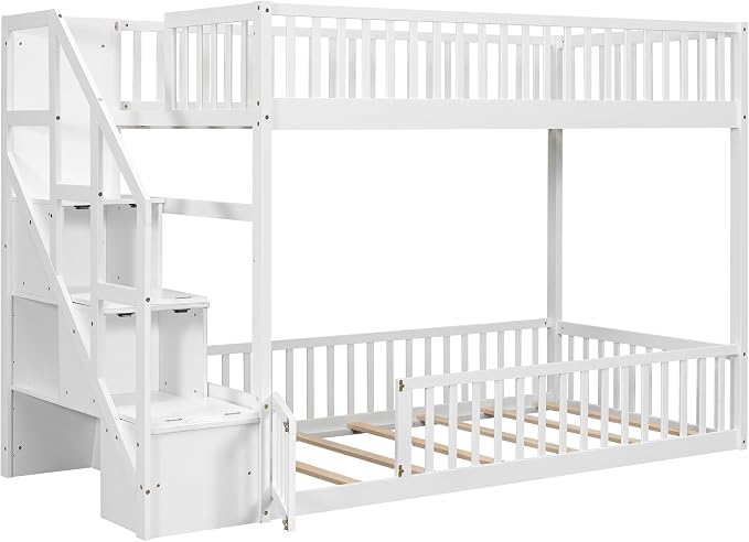 Twin Over Twin Floor Bunk Bed with Storage Ladder and Guardrails,for Kids Teens Adults (White#Ladder, Twin Over Twin)