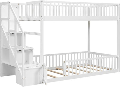 Twin Over Twin Floor Bunk Bed with Storage Ladder and Guardrails,for Kids Teens Adults (White#Ladder, Twin Over Twin)