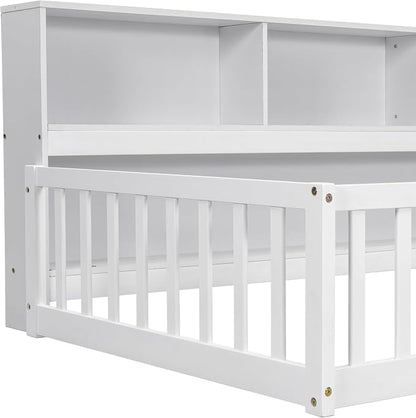 Bellemave Kids Montessori Floor Bed Twin Size, Floor Bed Frame with Bookcase and Shelves for Kids Boys Girls,Twin,White