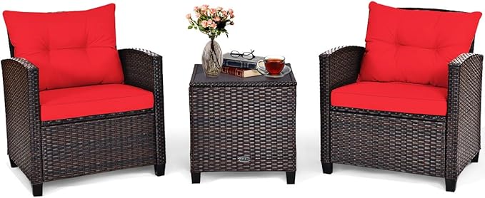 COSTWAY 3PCS Patio Furniture Set, PE Rattan Wicker Sofa w/Washable Cushion and Coffee Table, Tempered Glass Tabletop, Outdoor Conversation Set for Balcony, Porch, Yard, Backyard, Lawn, Red