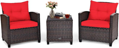 COSTWAY 3PCS Patio Furniture Set, PE Rattan Wicker Sofa w/Washable Cushion and Coffee Table, Tempered Glass Tabletop, Outdoor Conversation Set for Balcony, Porch, Yard, Backyard, Lawn, Red