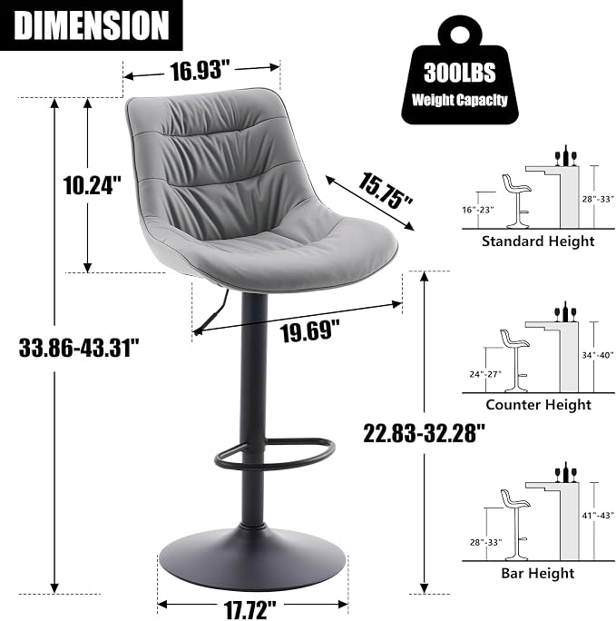 Kidol & Shellder Adjustable Bar Stools Set of 2, Faux Leather Counter Height BarStools with Back, Modern Mid Century Upholstered Bar stools for Kitchen Island Gray