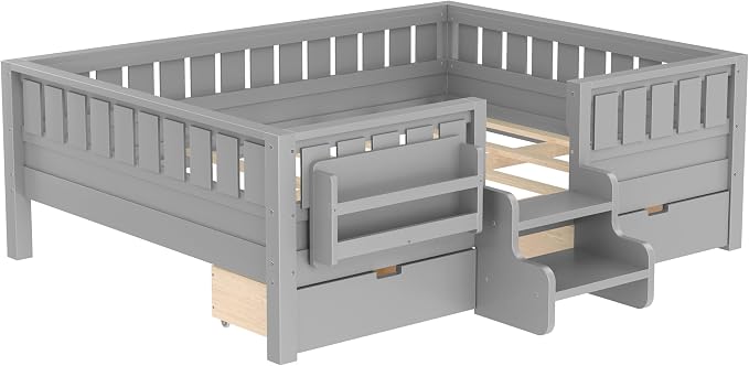 Bellemave Full Size Kids Montessori Bed with Stairs and Bookshelf,Solid Wood Full Size Kids Bed Frame with Drawers and Storage for Girls Boys,Low-Profile,Gray