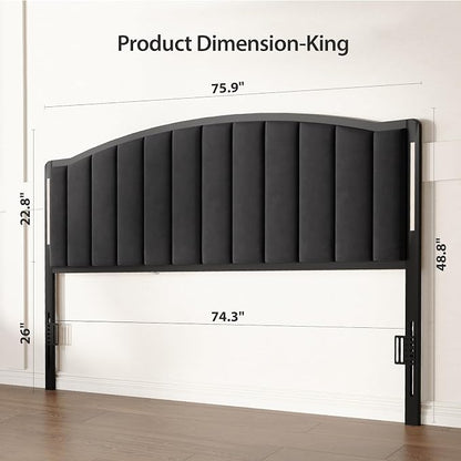 Headboard for King Size Bed with LED Lights, Upholstered Vertical Channel Tufting Head Boards, Velvet Headboard Only, Study & Comfortable, Ideal for Bedroom, Dorm, Guest Room, Black