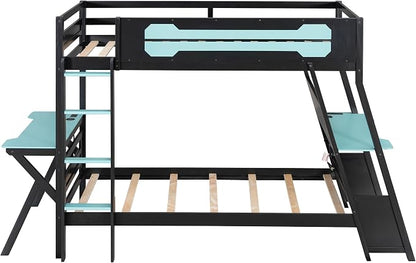 Merax Wooden Twin Over Twin Bunk Bed with 2 Side Desks, USB Desktop Ports and Pegboard Organizer, Gaming Bunk Bed for Gamer, Kids or Teens, No Box Spring Needed, Cloud Blue