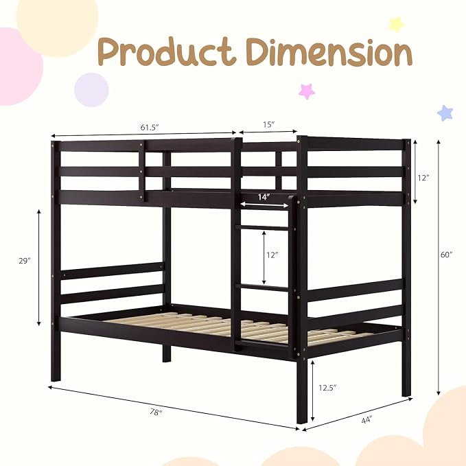 NAFORT Bunk Bed Twin Over Twin, Solid Wood Bunk Bed with Ladder and Safety Rails, Wooden Bed Framefor Kids Teens or Guests, Space-Saving Furniture for Bedroom Dorm, Espresso