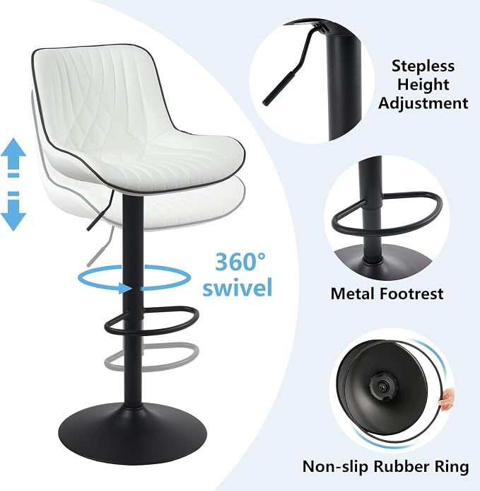 YOUTASTE Bar Stools Set of 2, Adjustable Swivel Counter Height Barstools with Back, White Faux Leather Upholstered Bar Chairs with Black Metal Base, Stools for Kitchen Island or Home Bar
