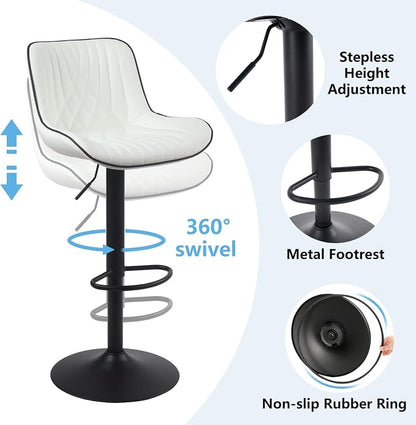 YOUTASTE Bar Stools Set of 2, Adjustable Swivel Counter Height Barstools with Back, White Faux Leather Upholstered Bar Chairs with Black Metal Base, Stools for Kitchen Island or Home Bar