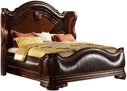 Pemberly Row Traditional Queen Bedroom Set, 4-Piece Wood Construction, Dark Walnut Finish, Upholstered Wing Headboard, Felt-Lined Drawers, Marble Tops, Beveled Mirror, Perfect for Elegant
