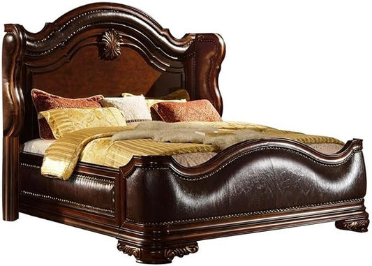 Pemberly Row Traditional Queen Bedroom Set, 4-Piece Wood Construction, Dark Walnut Finish, Upholstered Wing Headboard, Felt-Lined Drawers, Marble Tops, Beveled Mirror, Perfect for Elegant