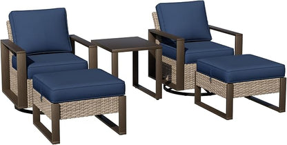 Outdoor Patio Swivel Rocker Chairs, 5 Pieces Wicker Furniture Set, 2 Swivel Rocking Chairs, 2 Ottoman and 1 Table, Metal Wide Armrest, Thick Cushions and Deep Seating for Garden, Backyard, Porch, Deck