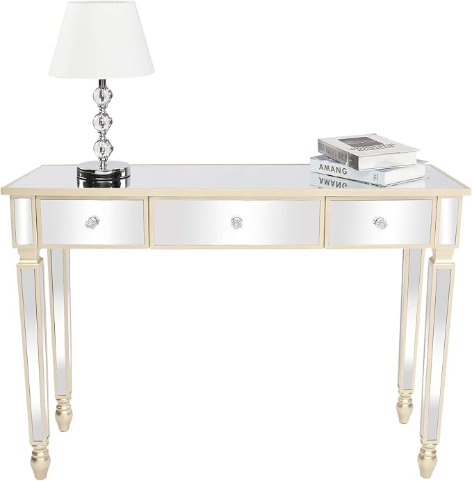 VINGLI Mirrored Vanity Desk with 3 Drawers, Multifunctional Home Office Desks, Modern Console/Sofa/Makeup Desk for Bedroom/Living Room/Entryway, Gold