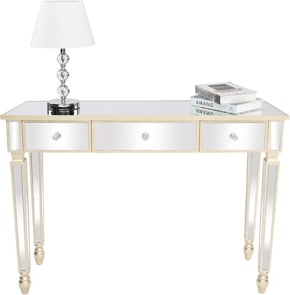 VINGLI Mirrored Vanity Desk with 3 Drawers, Multifunctional Home Office Desks, Modern Console/Sofa/Makeup Desk for Bedroom/Living Room/Entryway, Gold
