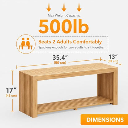 Bamboo Bench with Shelf, 35'' Entryway Bench Seat, Natural | Shoe Bench for Entryway, Hallway, Doorway, Modern Benches for End of Bed Bench, Low Bench for Window