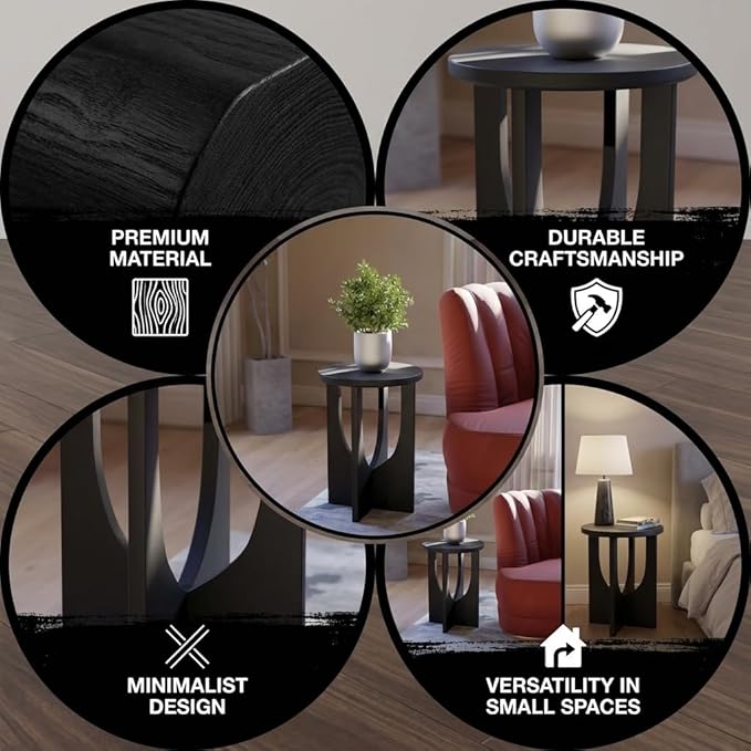 Stupa Solid Wood End Table – 22" Tall Round Side Table for Living Room or Bedroom, Handcrafted Accent Table in Distressed Black Finish, Easy Assembly, Modern Minimalist Design for Small Spaces